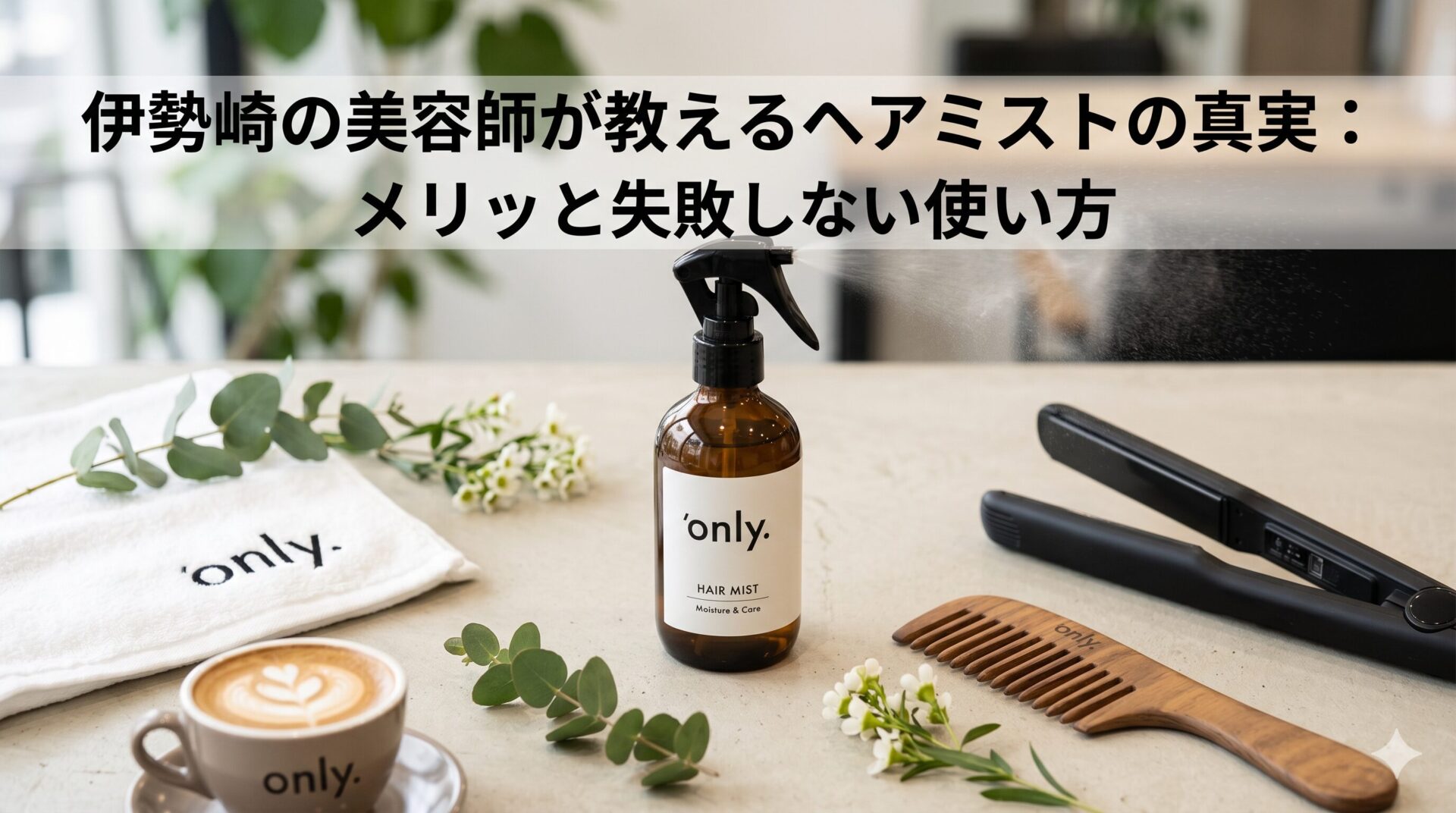 伊勢崎の美容室only.が解説する、ヘアミストとヘアアイロン、コーム、ラテアートが並んだ洗練された雰囲気のアイキャッチ画像