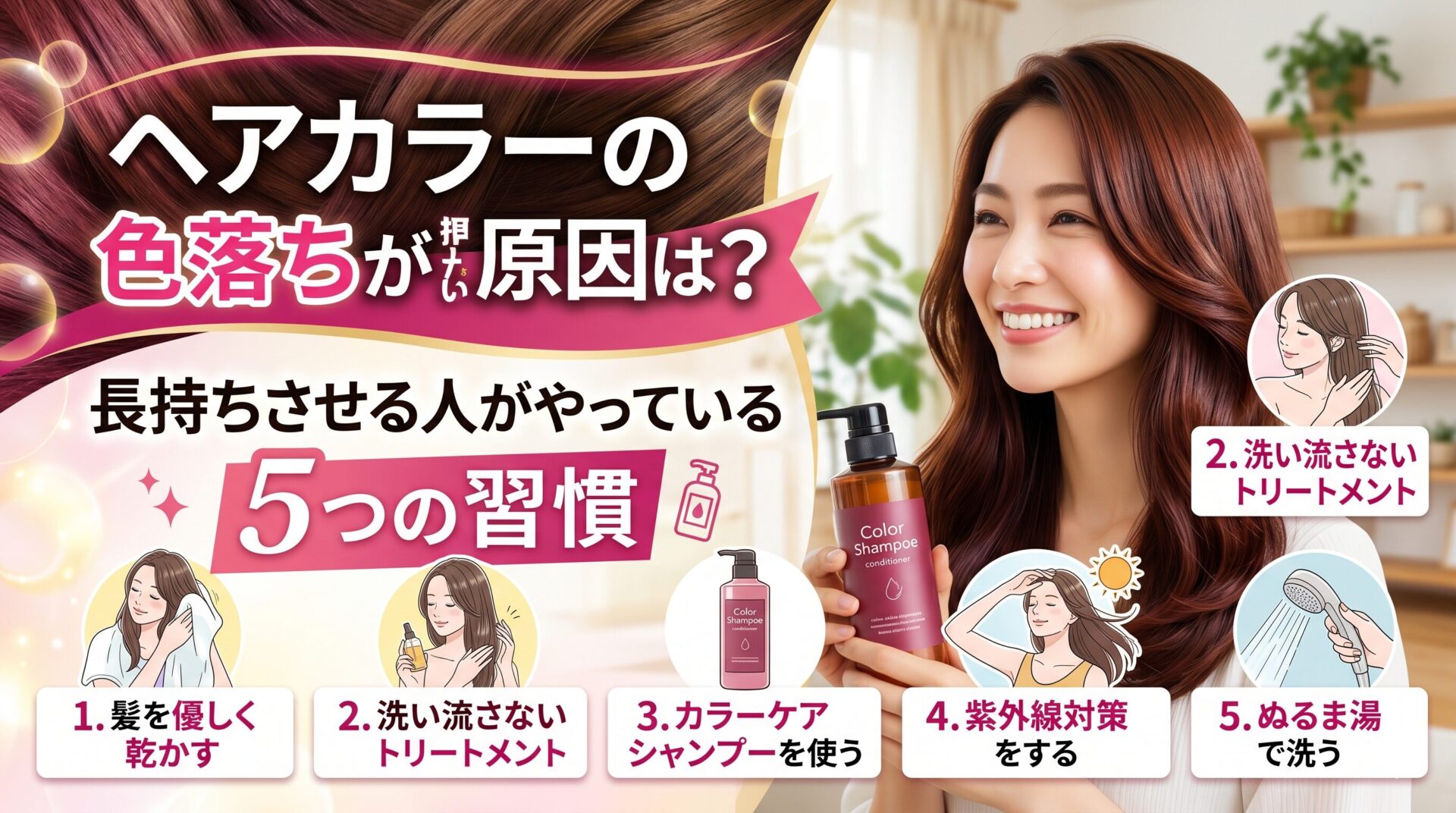 艶やかなレッドブラウンカラーの女性がカラーシャンプーを手に持ち微笑む画像。ヘアカラーの色落ちが早い原因と、長持ちさせる5つの習慣（髪を優しく乾かす・洗い流さないトリートメント・カラーケアシャンプー・紫外線対策・ぬるま湯で洗う）をイラストで図解したアイキャッチ。