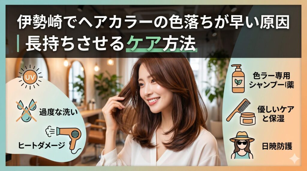 伊勢崎の美容室でツヤのある髪を手で触れながら微笑む女性。ヘアカラーの色落ちが早い原因（UV・過度な洗い・ヒートダメージ）と長持ちさせるケア方法（カラー専用シャンプー・保湿・日焼け防護）をアイコンで図解したアイキャッチ画像。