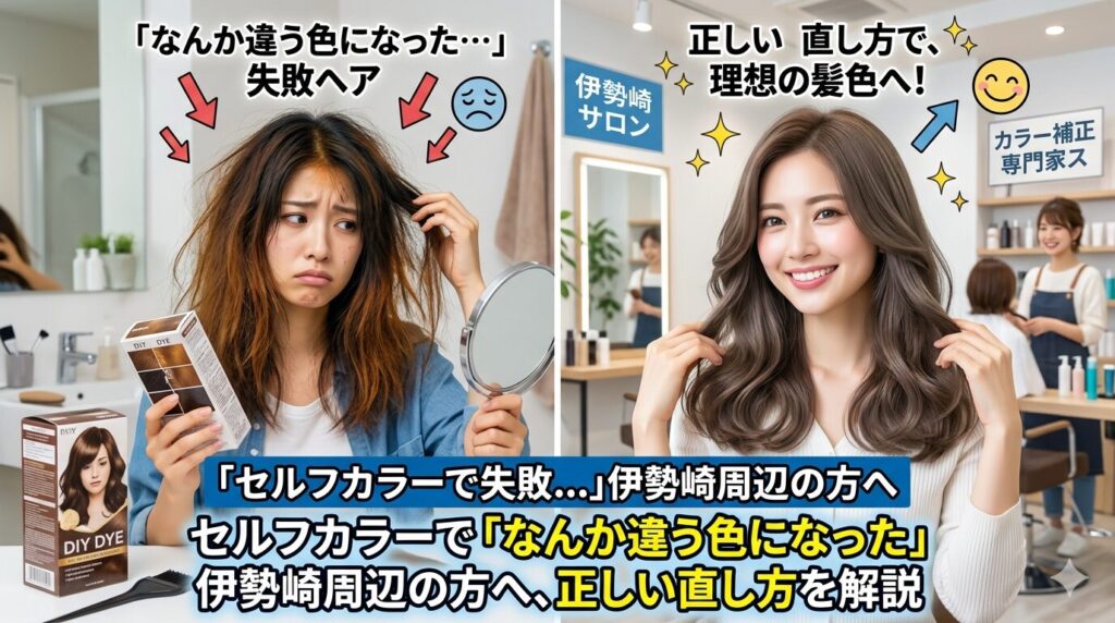 セルフカラーで色が思い通りにならなかった女性と、伊勢崎の美容室で理想の髪色に仕上がった女性を比較したアイキャッチ画像