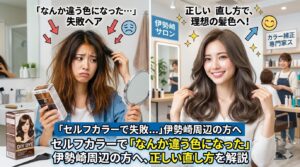 セルフカラーで色が思い通りにならなかった女性と、伊勢崎の美容室で理想の髪色に仕上がった女性を比較したアイキャッチ画像
