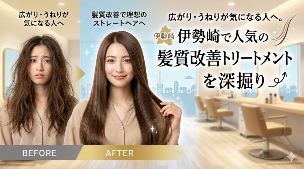 広がりとうねりに悩む女性のビフォーアフターを通して、伊勢崎で人気の髪質改善トリートメントを紹介するアイキャッチ画像