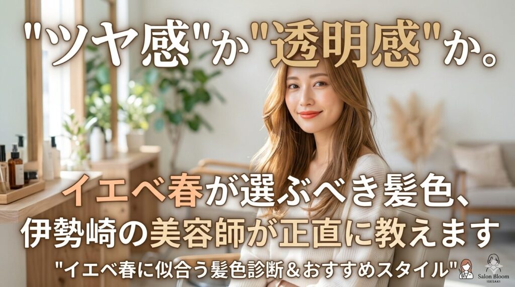 伊勢崎の美容室でイエベ春に似合うヘアカラーを提案されている女性のイメージ｜ツヤ感と透明感の選び方