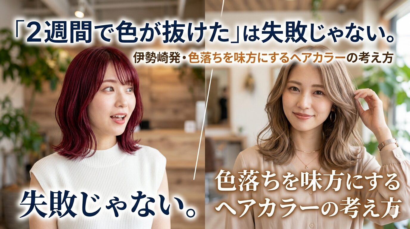 伊勢崎発・色落ちを味方にするヘアカラーの考え方を紹介する記事のアイキャッチ画像。左側にビビッドなレッドカラーの女性、右側に柔らかいグレージュの色落ちが綺麗なロングヘアの女性が並んでいる比較写真。