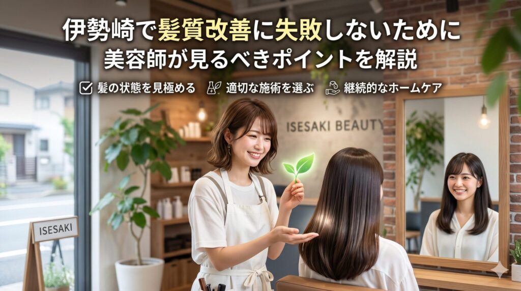 伊勢崎の美容室で髪質改善の施術を行う美容師と、艶やかなストレートヘアの女性客。髪の状態を見極め・適切な施術を選ぶ・継続的なホームケアの3つのポイントを解説するアイキャッチ画像。