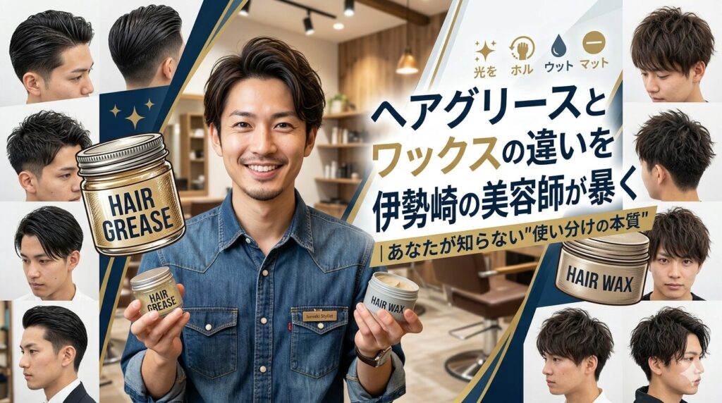伊勢崎の美容師がヘアグリースとワックスの違いを解説するアイキャッチ画像。中央に美容師がHAIR GREASEとHAIR WAXの容器を両手に持ち、周囲に多様なメンズヘアスタイルを配置。