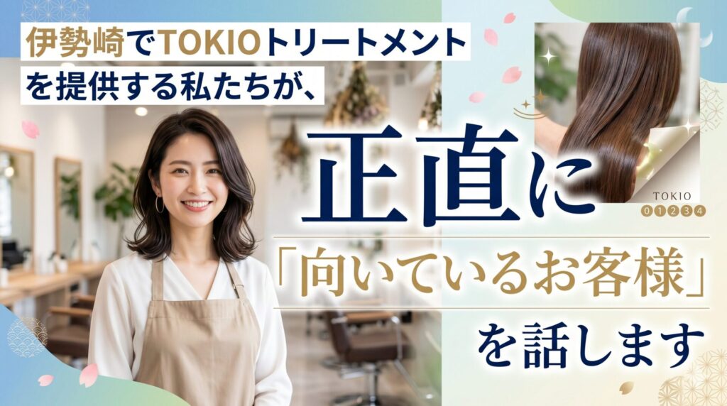 伊勢崎の美容室ONLY.スタイリストがTOKIOトリートメントの「向いているお客様」を正直に解説する記事のアイキャッチ画像。エプロン姿の女性スタイリストが笑顔で立ち、背景にサロン内装と艶やかなブラウンロングヘアの施術例が映っている。