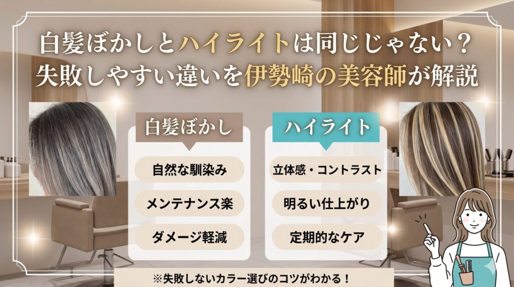 白髪ぼかしとハイライトの違いを伊勢崎の美容師が解説。目的・ダメージ・持ちの差を知り、失敗しない施術選びの判断基準を整理します。