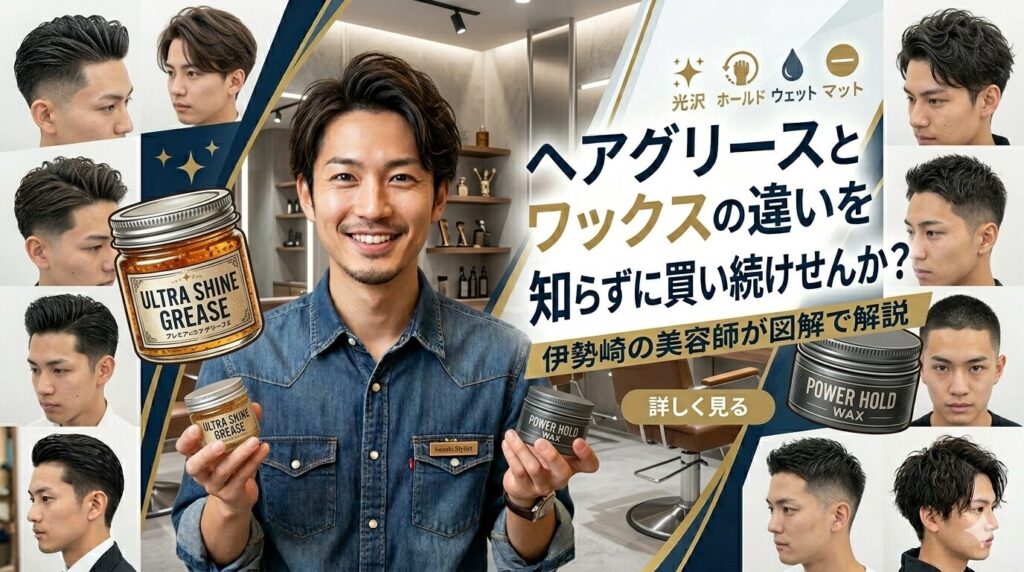 伊勢崎の美容師がULTRA SHINE GREASEとPOWER HOLD WAXを両手に持ったアイキャッチ画像。周囲に多数のメンズヘアスタイルを並べ、光沢・ホールド・ウェット・マットの4特性を図解。「詳しく見る」ボタンを配置。
