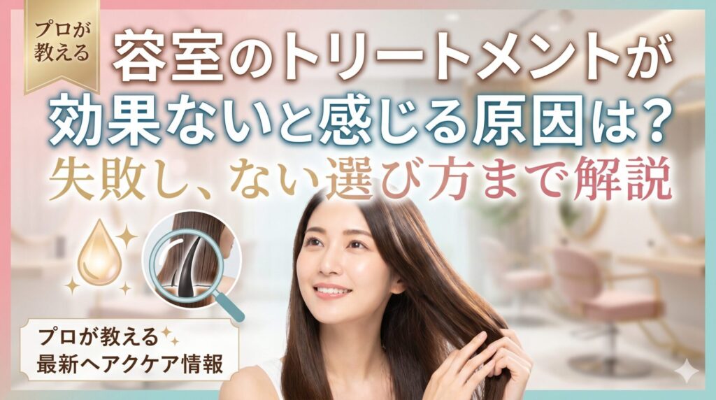 美容室でトリートメントを施術された後、艶やかなストレートロングヘアを手で触れながら微笑む女性。ヘアオイルと毛髪断面の拡大イラストを添えた、プロが教えるヘアケア情報のアイキャッチ画像。