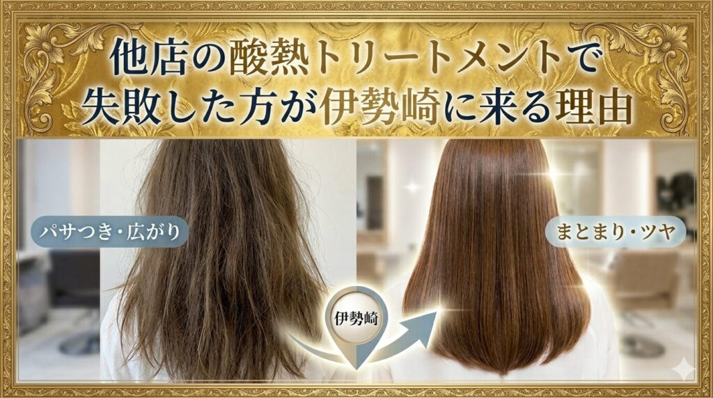 他店の酸熱トリートメントで失敗しパサつき・広がりが出た髪が、伊勢崎の美容室only.でまとまり・ツヤのある状態に改善されたビフォーアフター比較画像。