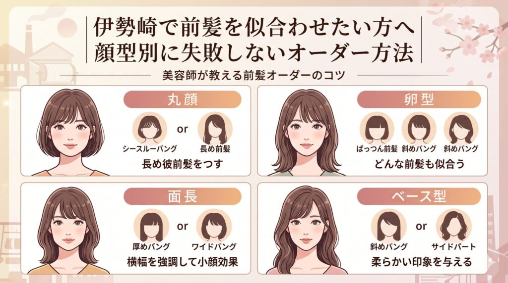 伊勢崎で前髪を似合わせたい方向けに、顔型別（丸顔・卵型・面長・ベース型）のおすすめ前髪スタイルを図解したアイキャッチ画像。各顔型に似合う前髪（シースルーバング・ぱっつん・厚めバング・斜めバングなど）を女性イラストとともに紹介。美容師が教える前髪オーダーのコツを解説した記事のメイン画像。
