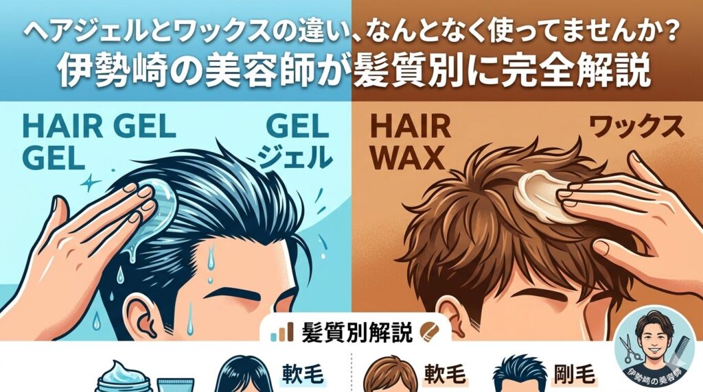 伊勢崎の美容師がヘアジェルとワックスの違いを髪質別に解説するアイキャッチ画像。左がジェル・右がワックスの使用シーンを図解。