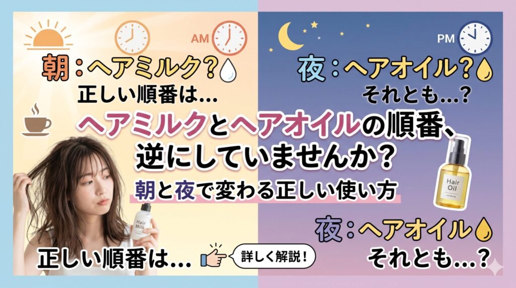 ヘアミルクとヘアオイルの正しい順番を朝・夜に分けて解説するアイキャッチ画像。左側に朝（AM）・ヘアミルク、右側に夜（PM）・ヘアオイルを対比したビジュアルと、髪に悩む女性の写真。