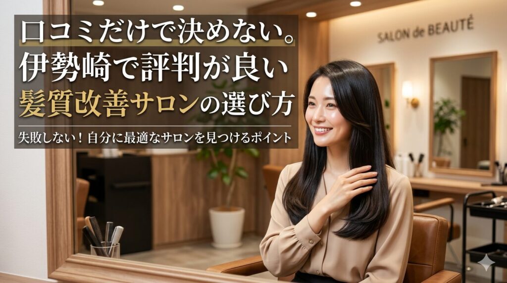 口コミだけで決めない伊勢崎で評判が良い髪質改善サロンの選び方をテーマに、美しい髪の女性と美容室内を描いたアイキャッチ画像