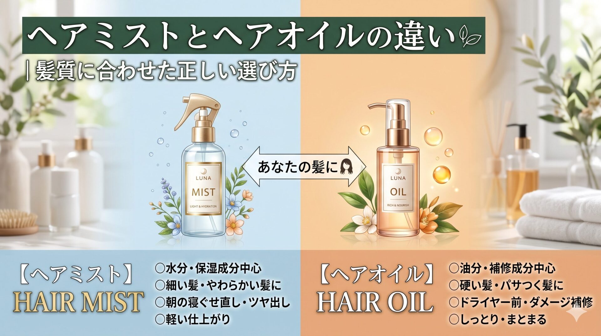 ヘアミストとヘアオイルの違いを比較した図解。左にスプレータイプのヘアミスト（水分・保湿成分中心・細い髪向け）、右にポンプタイプのヘアオイル（油分・補修成分中心・硬い髪向け）を並べ、髪質に合わせた選び方をわかりやすく説明したアイキャッチ画像。
