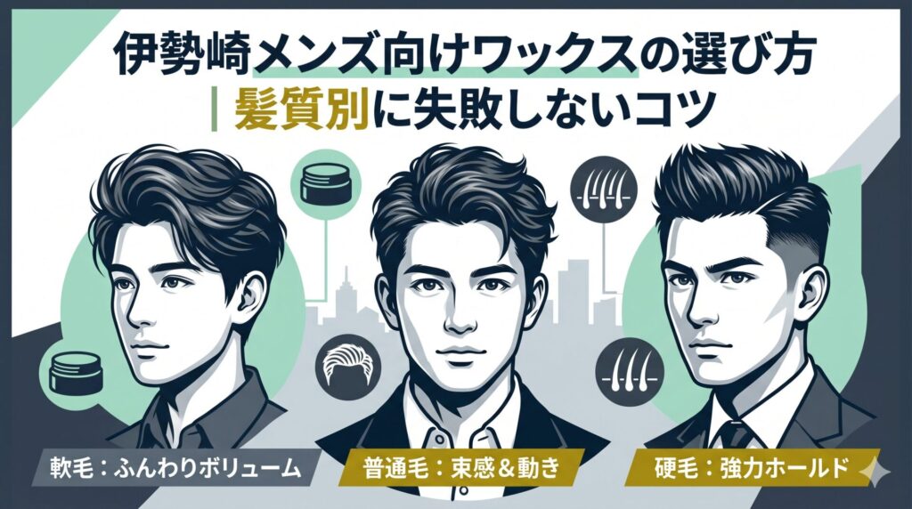 伊勢崎メンズ向けワックスの選び方を髪質別（軟毛・普通毛・硬毛）に図解したアイキャッチ画像。3人の男性イラストとワックスアイコンで各髪質に合うスタイリングを視覚的に紹介。