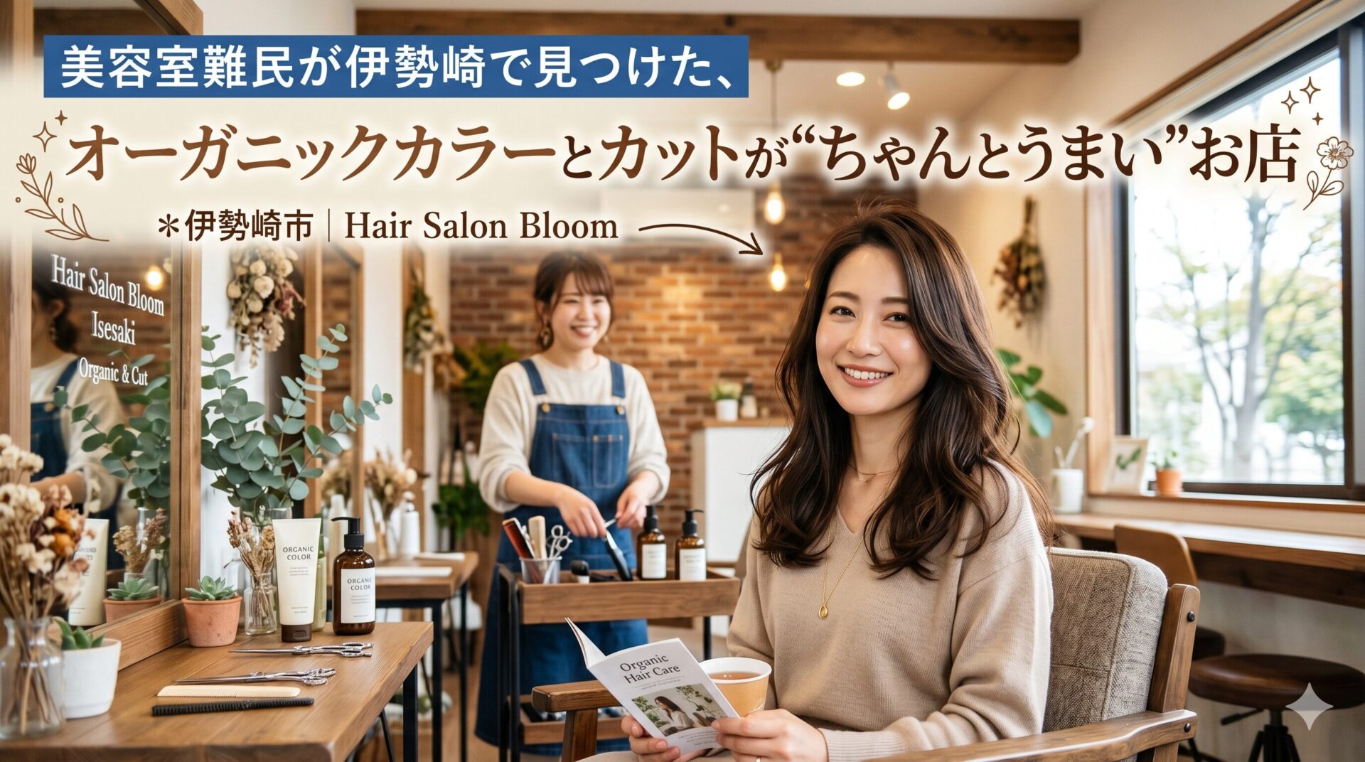伊勢崎の美容室でオーガニックカラーとカットを受けた満足そうな女性客と、ナチュラルな内装のサロン空間。木目・観葉植物・オーガニック薬剤ボトルが並ぶ温かみのある店内。