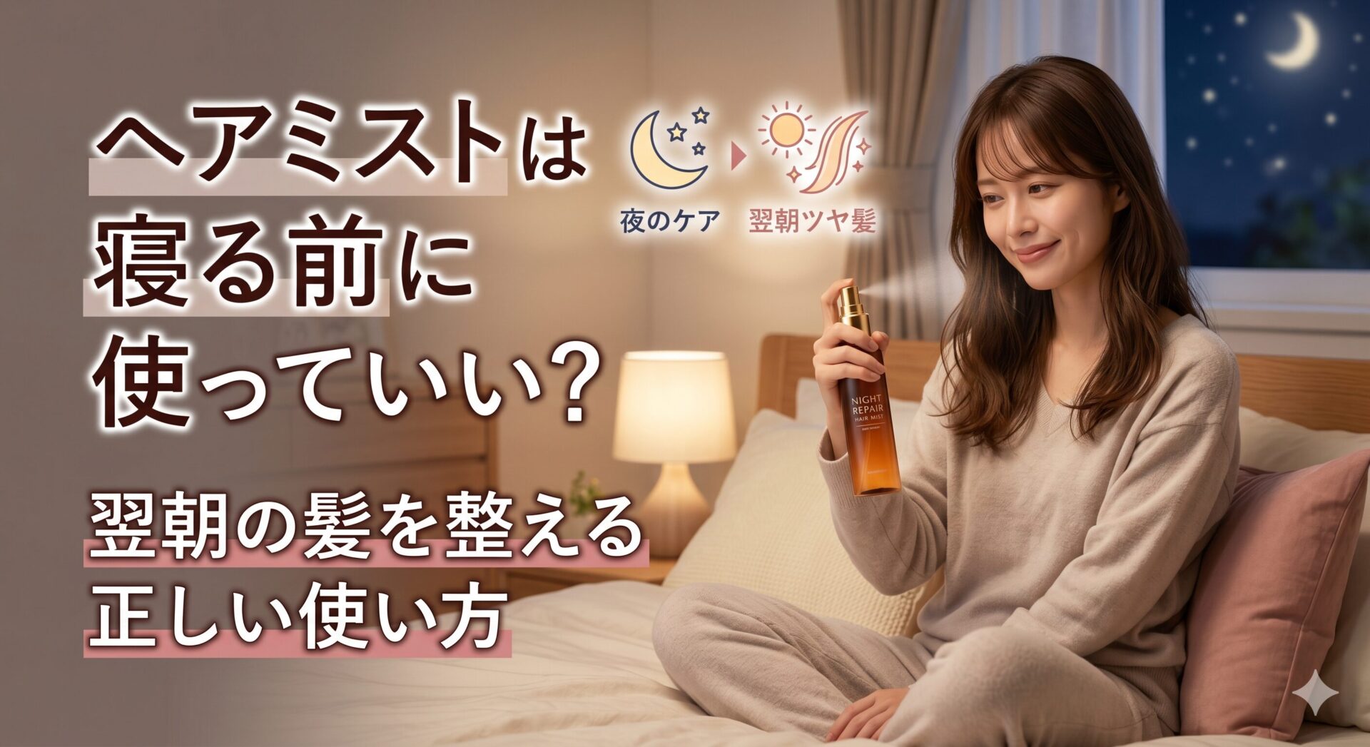 夜の寝室で、女性が自分の髪にヘアミストをスプレーしている画像。左側には「ヘアミストは寝る前に使っていい？翌朝の髪を整える正しい使い方」という大きなタイトルテキストがあり、中央上部には月と太陽のアイコンと共に「夜のケアで翌朝ツヤ髪」という補足テキストが添えられています。