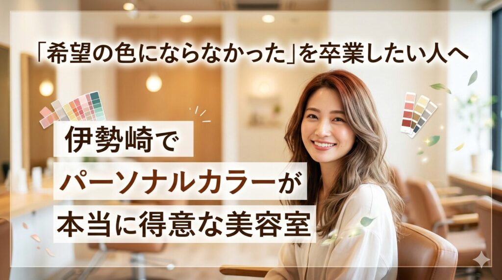 伊勢崎でパーソナルカラーが得意な美容室を探す女性が美容室でカラーチップを見ながら笑顔で座っている様子