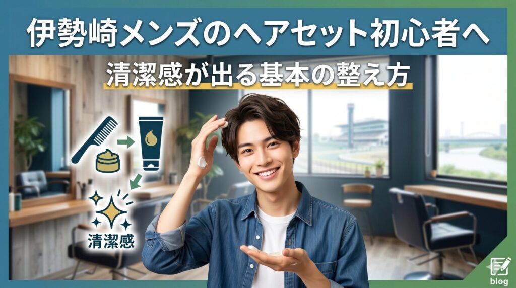 伊勢崎の美容室内でワックスを手に持ちヘアセットをする笑顔の男性と、コーム・ワックス・トリートメントのアイコンから清潔感へ続く流れを図解したアイキャッチ画像。