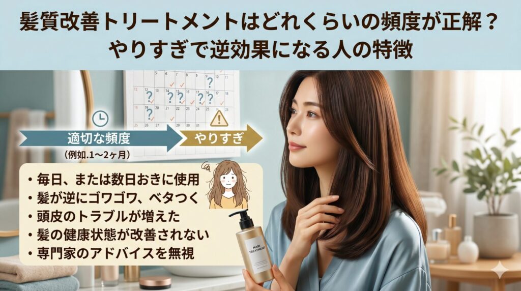 髪質改善トリートメントの適切な頻度とやりすぎのサインを解説するアイキャッチ画像。艶やかなブラウンロングヘアの女性と、カレンダーで「適切な頻度→やりすぎ」を図解した比較イラスト。