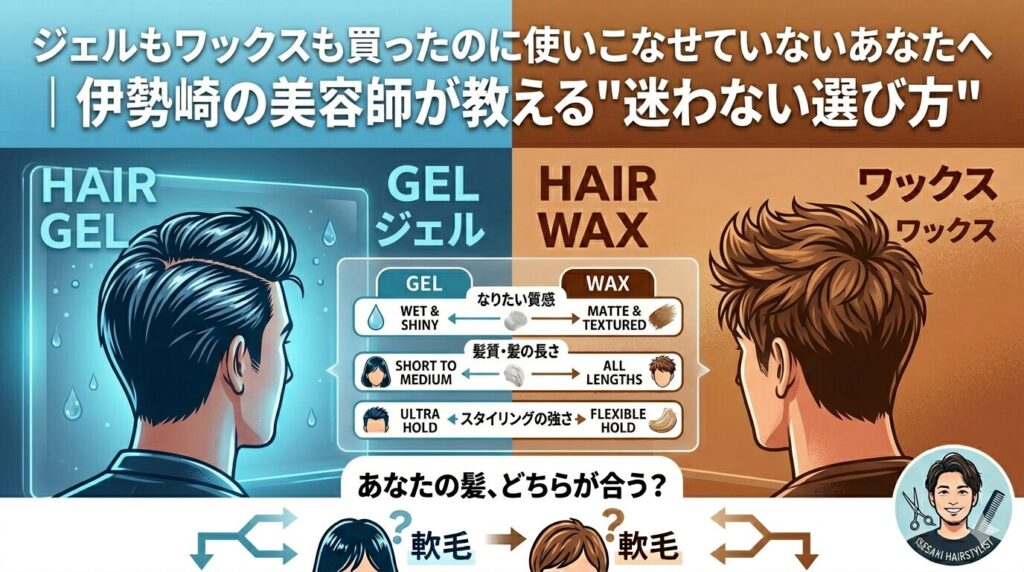 伊勢崎の美容師がヘアジェルとワックスの違いを比較解説するアイキャッチ画像。左にジェルスタイル・右にワックススタイルを並べ、なりたい質感・髪質・スタイリングの強さを図解。