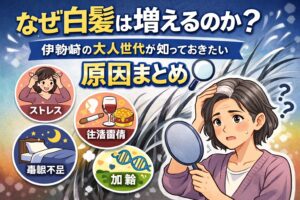 伊勢崎で白髪が増える原因を解説するアイキャッチ画像。ストレス・栄養不足・睡眠不足・加齢などの要因を分かりやすく図解