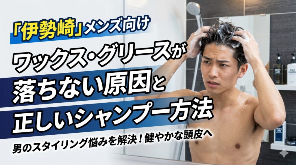 伊勢崎メンズ向け｜シャワー中に髪を洗う男性。ワックス・グリースが落ちない原因と正しいシャンプー方法を解説するアイキャッチ画像。