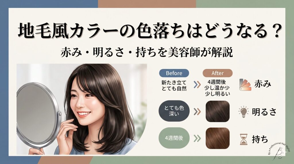地毛風カラーの色落ちによる赤み・明るさ・色持ちの変化をBefore Afterで比較する図解と、鏡で髪を確認する女性