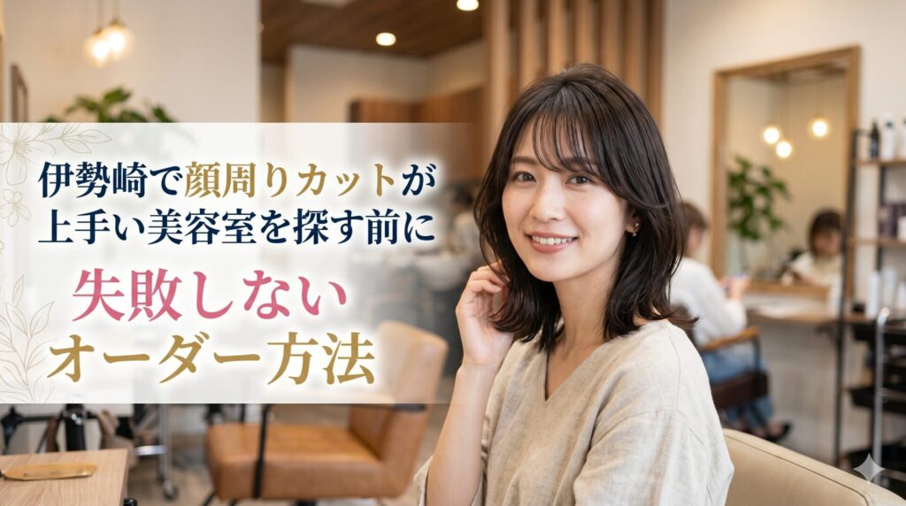 伊勢崎の美容室で顔周りカットを施した笑顔の女性、おしゃれなサロン内装と失敗しないオーダー方法の解説