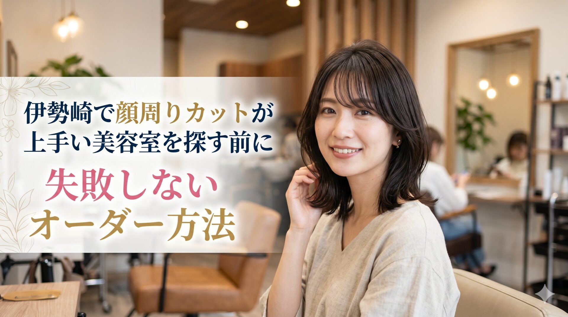 伊勢崎の美容室で顔周りカットを施した笑顔の女性、おしゃれなサロン内装と失敗しないオーダー方法の解説