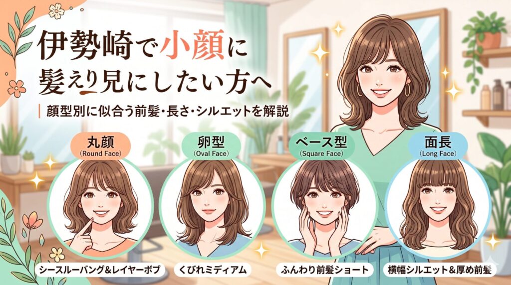 伊勢崎で小顔に見える髪型を顔型別に解説するアイキャッチ画像。丸顔・卵型・ベース型・面長それぞれに似合うヘアスタイルが並んで紹介されている
