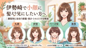 伊勢崎で小顔に見える髪型を顔型別に解説するアイキャッチ画像。丸顔・卵型・ベース型・面長それぞれに似合うヘアスタイルが並んで紹介されている