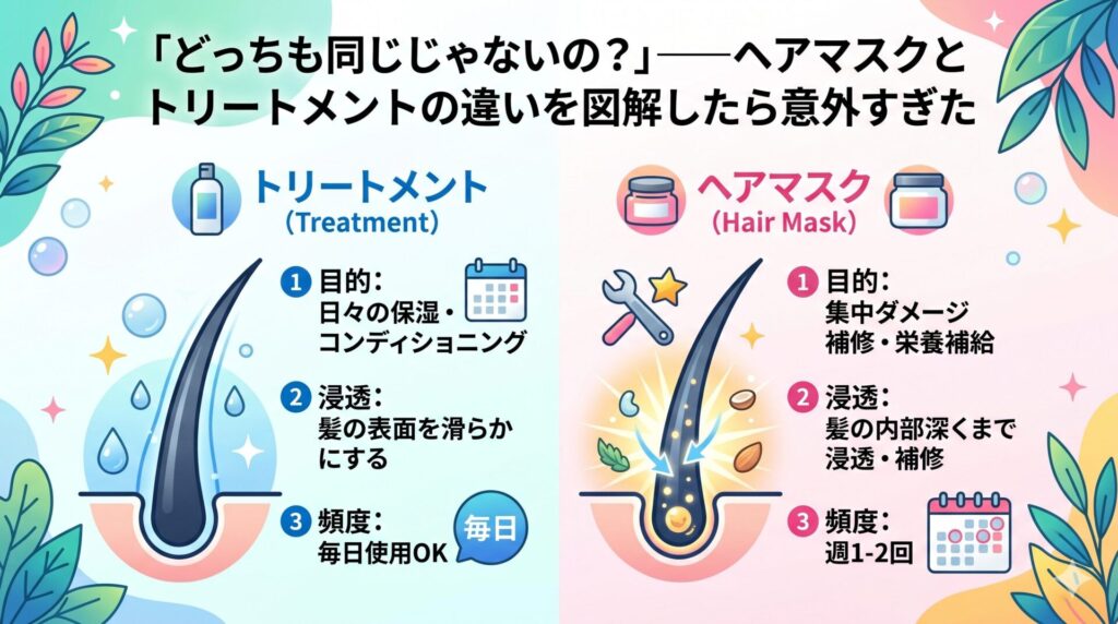 ヘアマスクとトリートメントの違いを図解したインフォグラフィック。左側にトリートメント（目的：日々の保湿・コンディショニング／浸透：髪の表面を滑らかに／頻度：毎日）、右側にヘアマスク（目的：集中ダメージ補修・栄養補給／浸透：髪の内部深くまで浸透補修／頻度：週1〜2回）を、毛髪断面イラストとアイコンで比較。