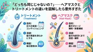 ヘアマスクとトリートメントの違いを図解したインフォグラフィック。左側にトリートメント（目的：日々の保湿・コンディショニング／浸透：髪の表面を滑らかに／頻度：毎日）、右側にヘアマスク（目的：集中ダメージ補修・栄養補給／浸透：髪の内部深くまで浸透補修／頻度：週1〜2回）を、毛髪断面イラストとアイコンで比較。