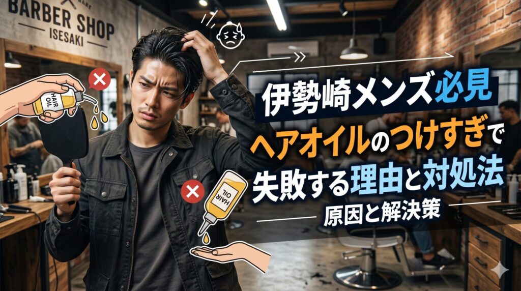 伊勢崎のバーバーショップでヘアオイルの使いすぎに悩む男性。ヘアオイルボトルとNGマークのイラストを添えた、つけすぎ失敗の原因と対処法を解説する記事のアイキャッチ画像。