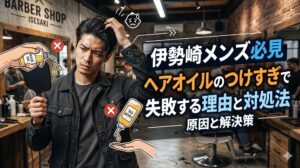 伊勢崎のバーバーショップでヘアオイルの使いすぎに悩む男性。ヘアオイルボトルとNGマークのイラストを添えた、つけすぎ失敗の原因と対処法を解説する記事のアイキャッチ画像。