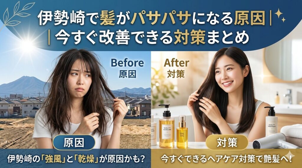 伊勢崎で髪がパサパサになる原因と対策を示すビフォーアフター画像。左側に髪が広がり困った表情の女性と「強風・乾燥」の文字、右側にヘアオイルやドライヤーを使いツヤ髪になった笑顔の女性。