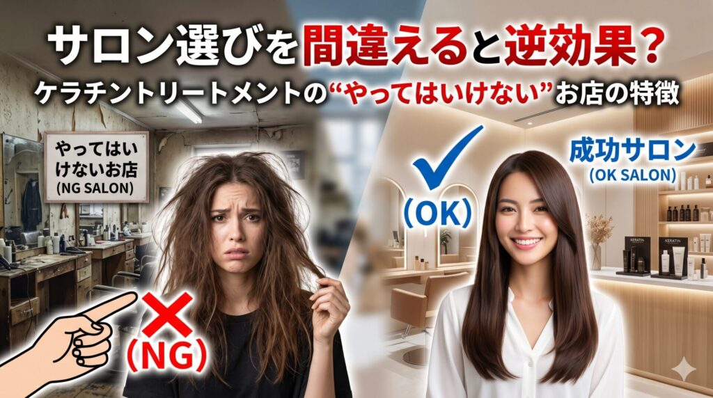 ケラチントリートメントのサロン選びを比較した図解。左側にNGサロン（荒れた内装・広がった髪の女性・×マーク）、右側に成功サロン（清潔な内装・ツヤのある髪の女性・✓マーク）を対比し、「サロン選びを間違えると逆効果？」というタイトルテキストを掲載。