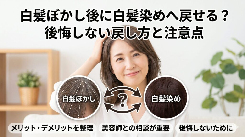 白髪ぼかしと白髪染めの切り替えを検討する女性のイメージ。白髪ぼかしと白髪染めの髪の断面図を矢印で比較し、メリット・デメリットの整理・美容師との相談・後悔しない選択の3点を訴求した図解。