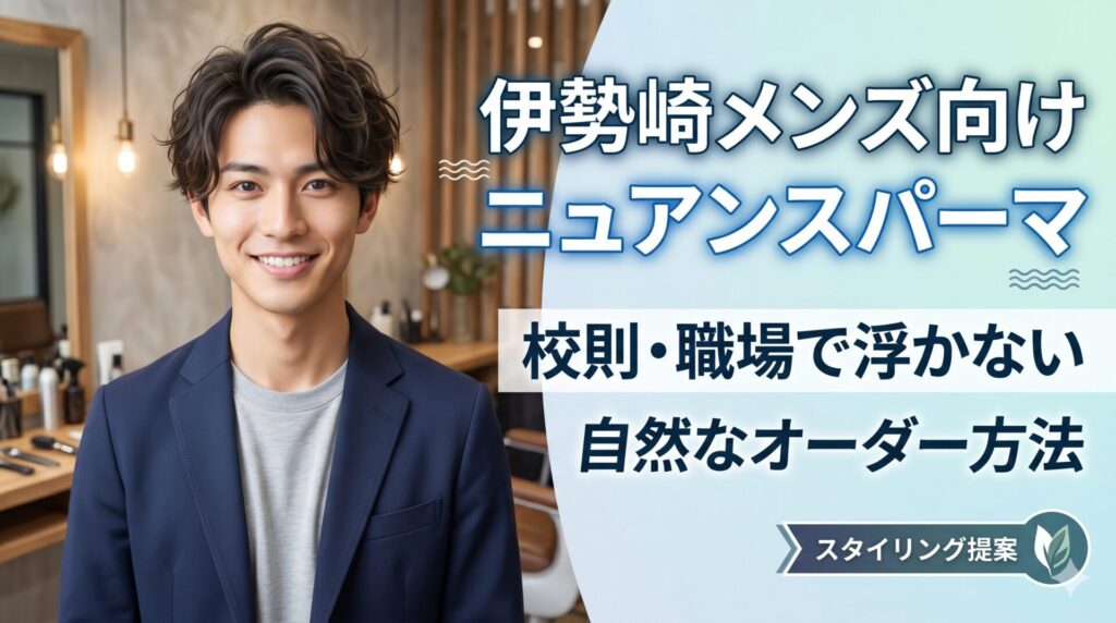 伊勢崎の美容室でニュアンスパーマを施した笑顔の男性、ジャケット姿で清潔感のある自然な仕上がり