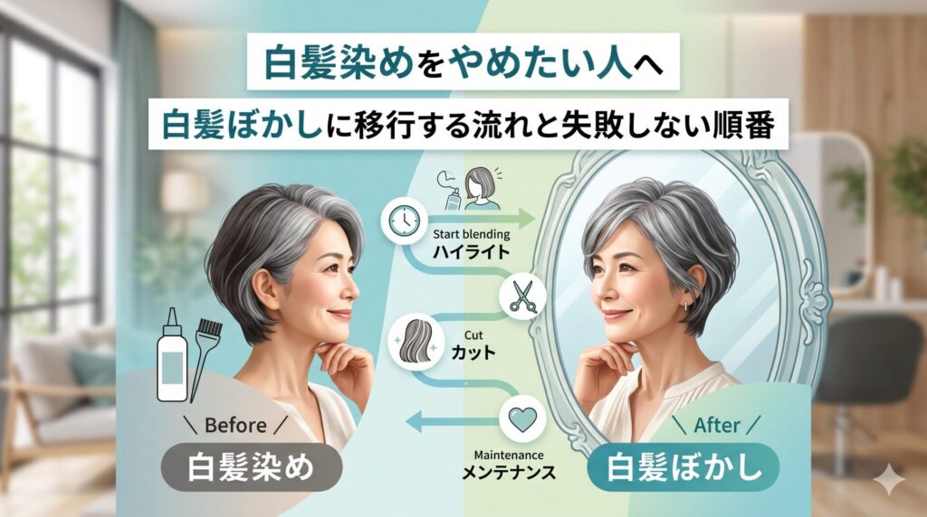 白髪染めをやめたい人に向けて、白髪ぼかしへ移行する流れと失敗しない順番を解説した美容室向けアイキャッチ画像