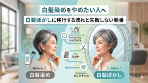 白髪染めをやめたい人に向けて、白髪ぼかしへ移行する流れと失敗しない順番を解説した美容室向けアイキャッチ画像