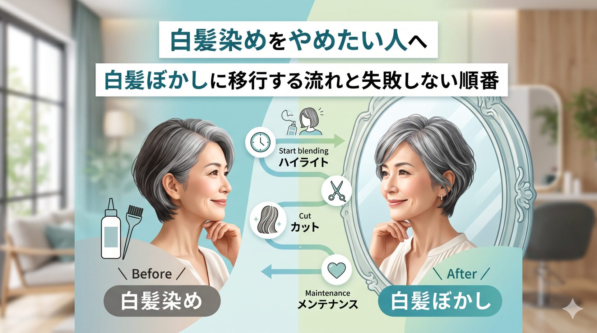 白髪染めをやめたい人に向けて、白髪ぼかしへ移行する流れと失敗しない順番を解説した美容室向けアイキャッチ画像