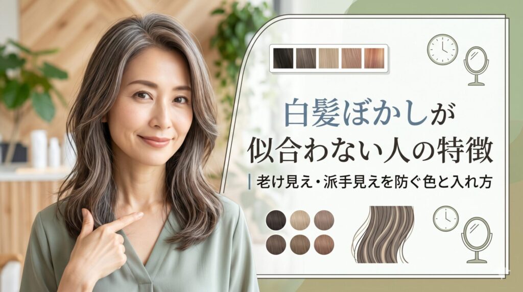 白髪ぼかしが似合わない人の特徴と老け見え・派手見えを防ぐ色と入れ方を紹介する女性とヘアカラー見本の画像