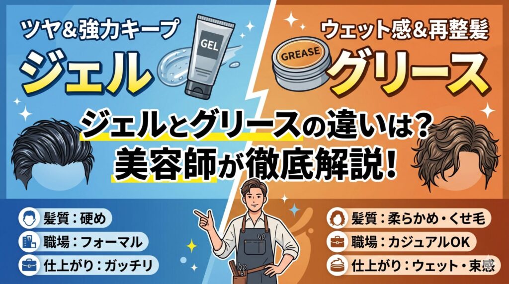 ジェルとグリースの違いを美容師が解説するブログ記事のアイキャッチ画像。左側は青色背景でジェル、右側はオレンジ背景でグリースを表現しており、それぞれの髪質、適した職場、仕上がりの特徴が比較図として記載されている。
