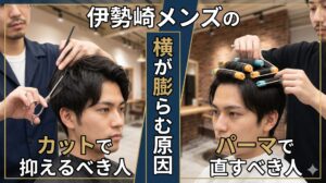 伊勢崎の美容室で美容師がハサミでカットする様子（左）と、パーマロッドを巻く様子（右）を並べた比較画像。中央に「横が膨らむ原因」、左下に「カットで抑えるべき人」、右下に「パーマで直すべき人」のテキストが表示されている。
