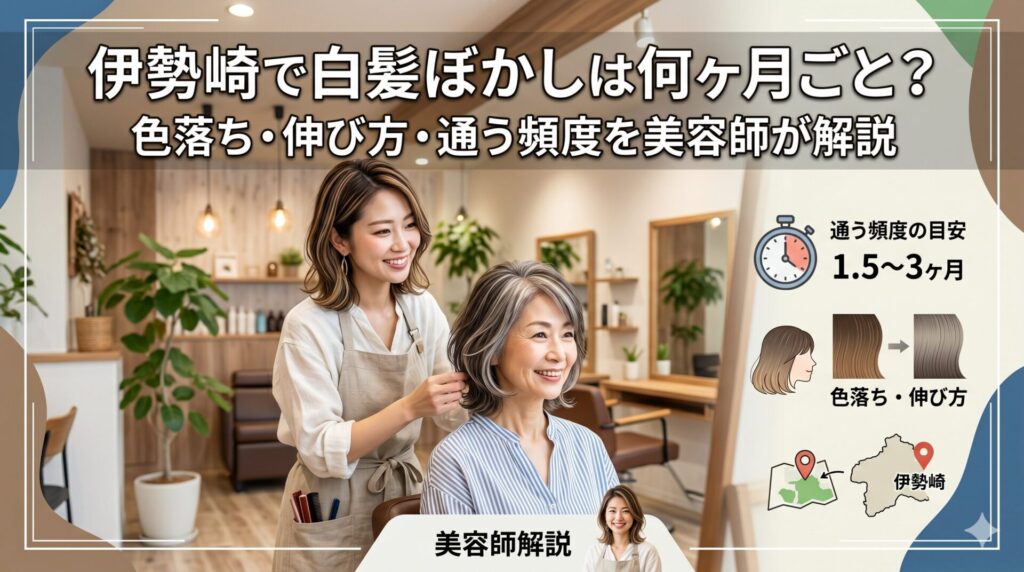 伊勢崎の美容室で白髪ぼかしの施術を受ける女性と笑顔の美容師、通う頻度の目安1.5〜3ヶ月の解説