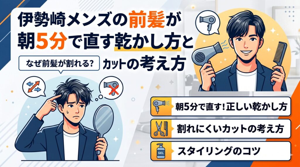 伊勢崎メンズの前髪が割れる原因と朝5分で直す乾かし方・カットの考え方を解説するアイキャッチ画像。鏡を見て前髪に悩む男性と、ドライヤーとコームを持つ男性のイラストを配置。
